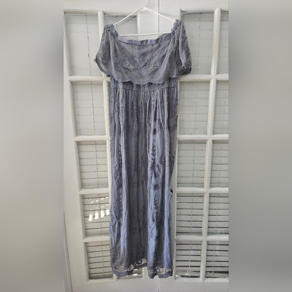 Pink Blush - Romantic Off-Shoulder Maternity Lace Maxi – Dusty Blue